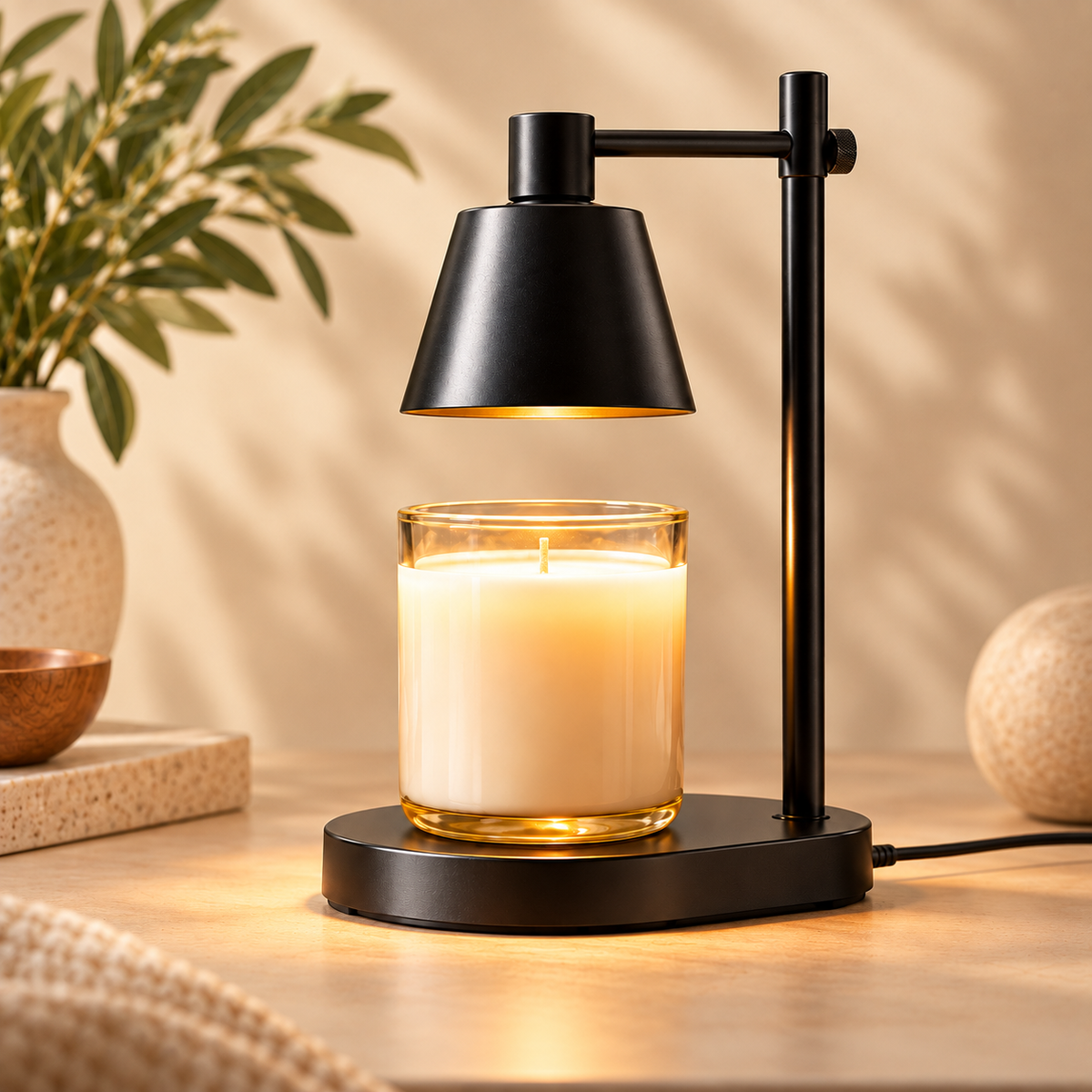 Adjustable Candle Warmer Lamp warming an unlit jar candle in a premium home setting