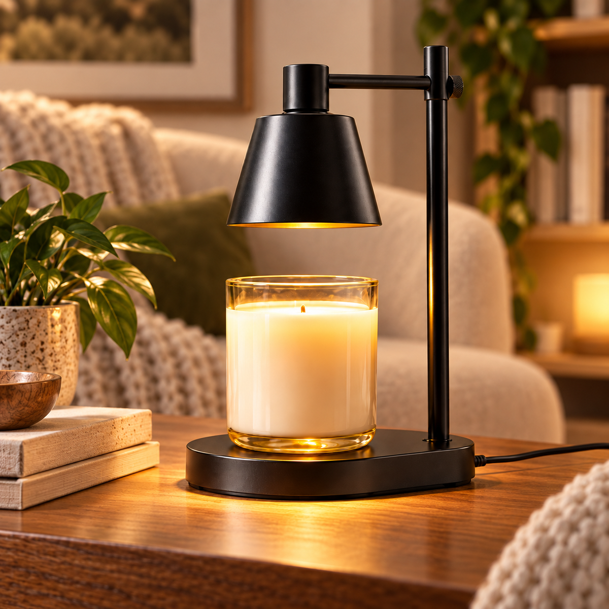 Adjustable Candle Warmer Lamp warming an unlit jar candle beside a cosy reading area