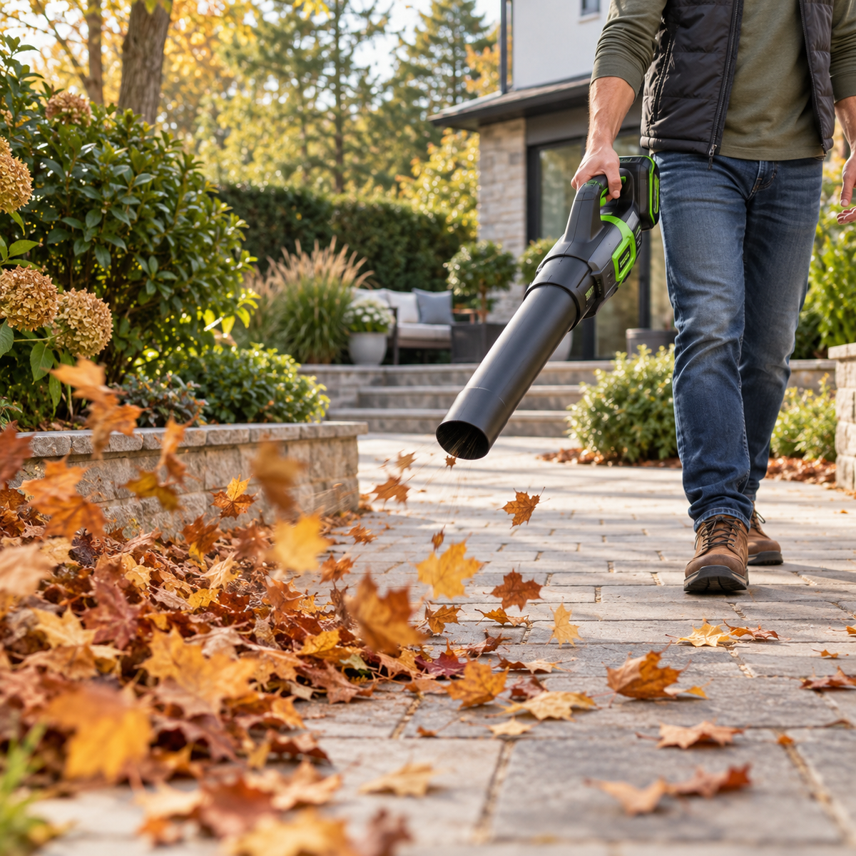 Cordless Leaf Blower clearing leaves from a garden path