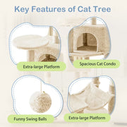 Cream cat tree details: platform, enclosed condo, hanging toy and hammock