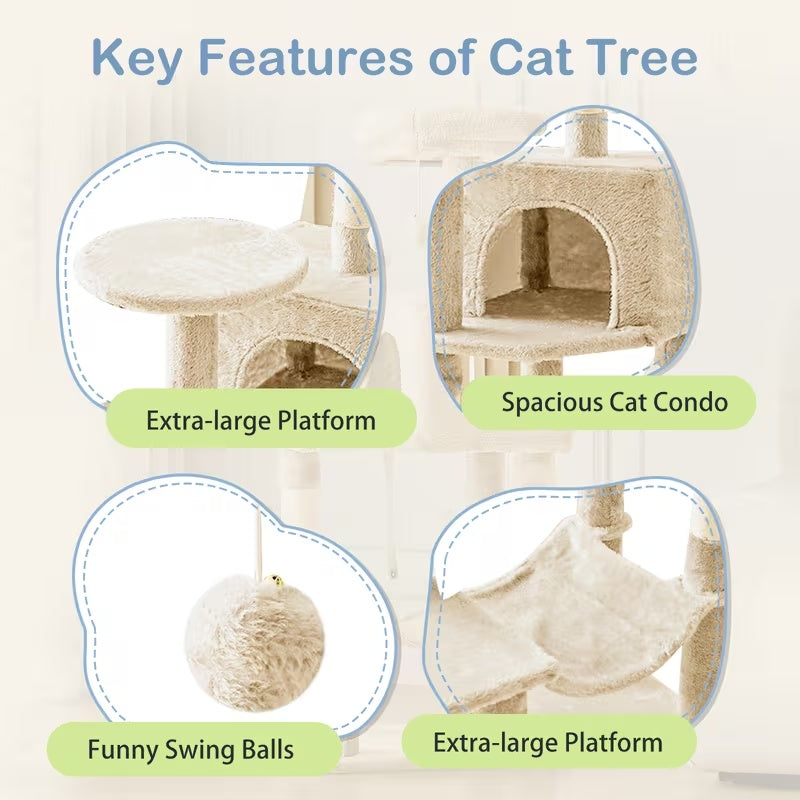 Cream cat tree details: platform, enclosed condo, hanging toy and hammock