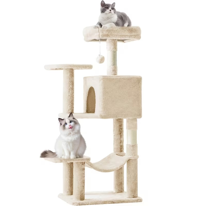 Cream multi-level cat tree with top perch, condo, hammock and scratching posts