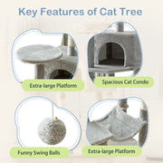 Gray cat tree details showing condo, platform, toy and hammock