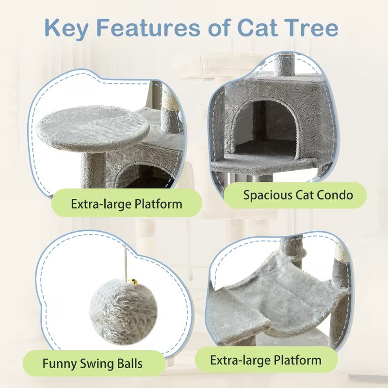Gray cat tree details showing condo, platform, toy and hammock