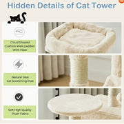 Close-ups of padded perch, sisal scratching surface and plush fabric