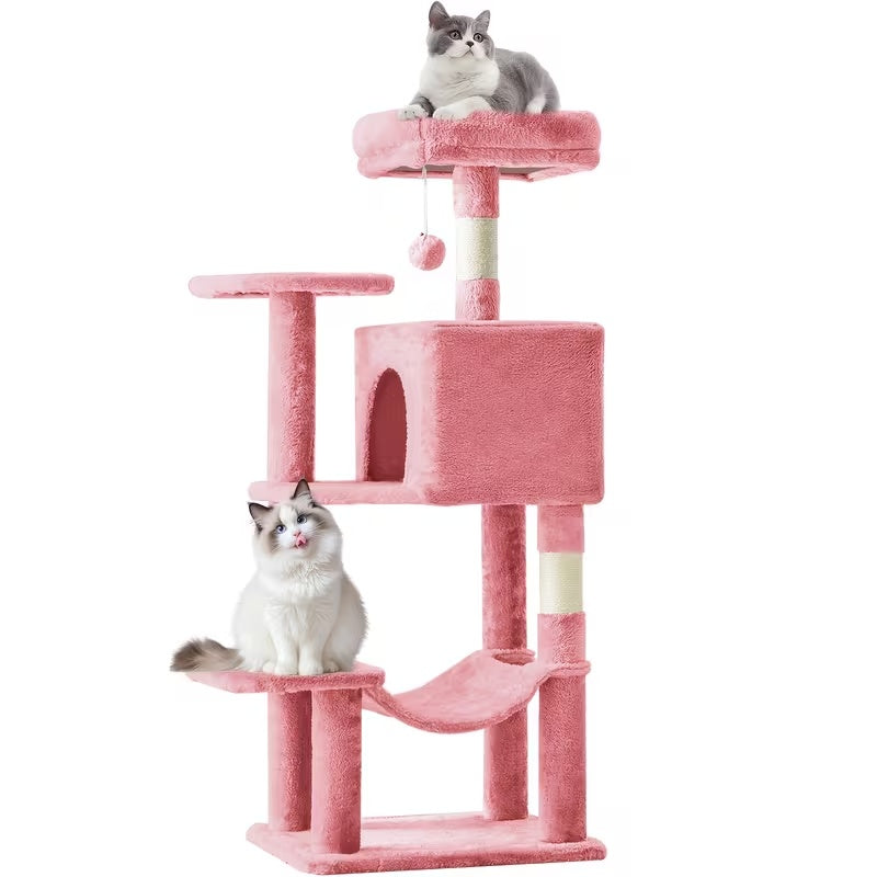 Pink cat tree with scratching posts and hammock