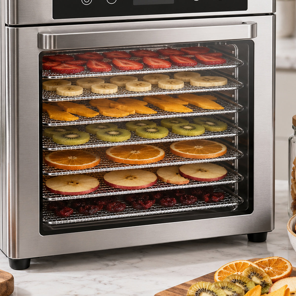 Digital Food Dehydrator close-up showing multiple fruit trays