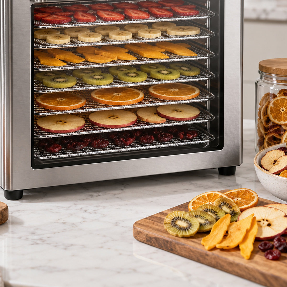 Digital Food Dehydrator with prepared fruit and drying trays