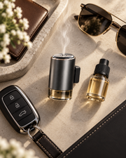 Smart Car Aroma Diffuser and refill accessories flat lay