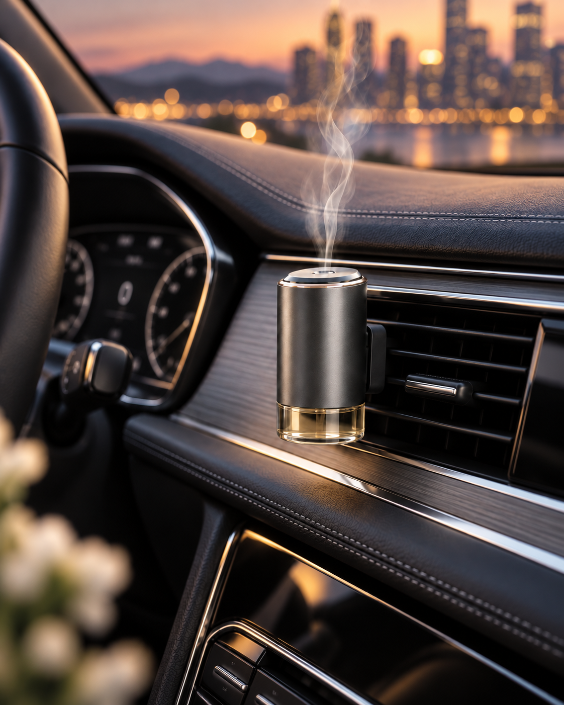 Smart Car Aroma Diffuser shown in a vehicle at twilight