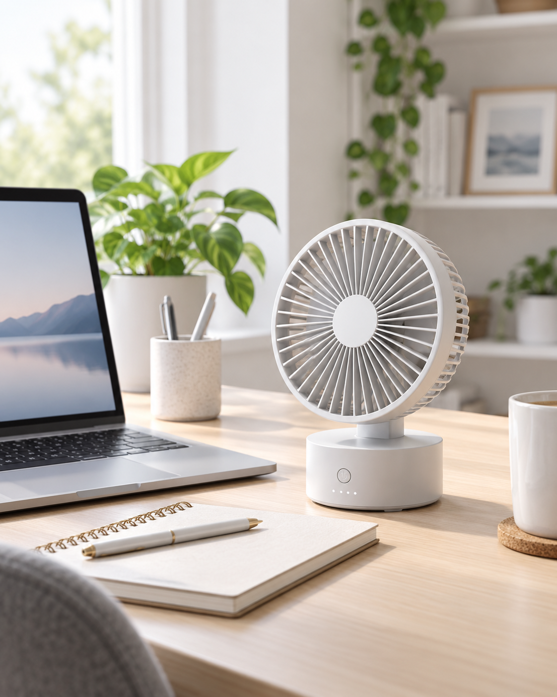 Portable Rechargeable Desk Fan on a bright home office desk