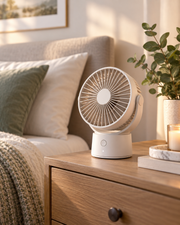 Portable Rechargeable Desk Fan on a bedside table