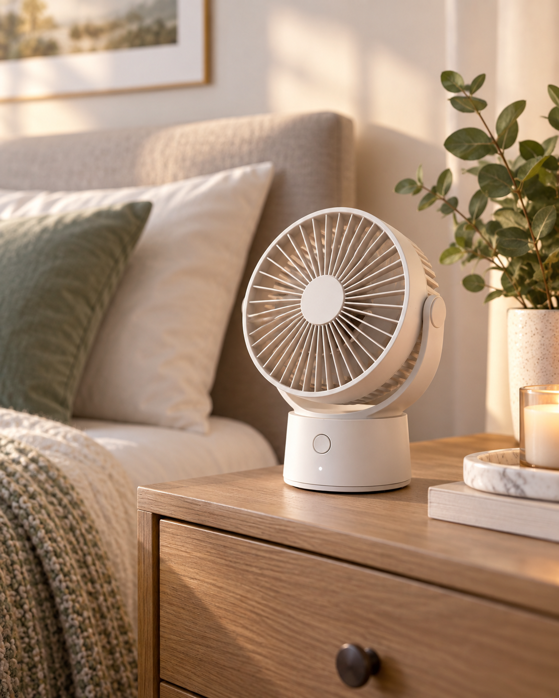 Portable Rechargeable Desk Fan on a bedside table