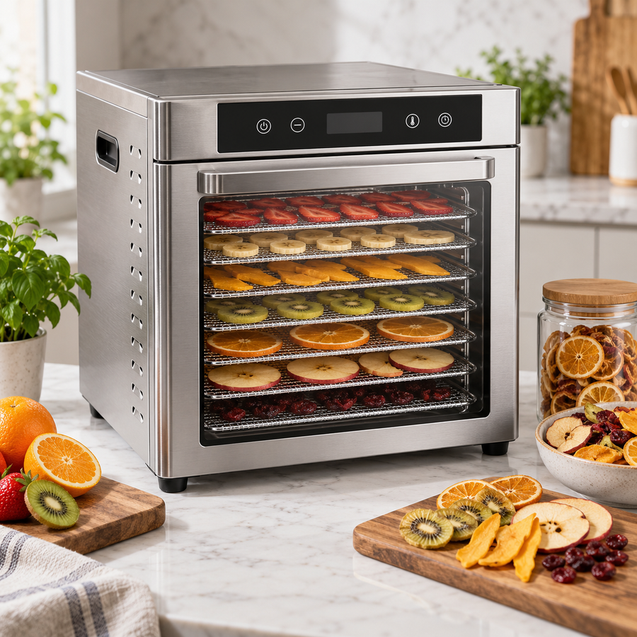 Stainless steel food dehydrator with fruit trays
