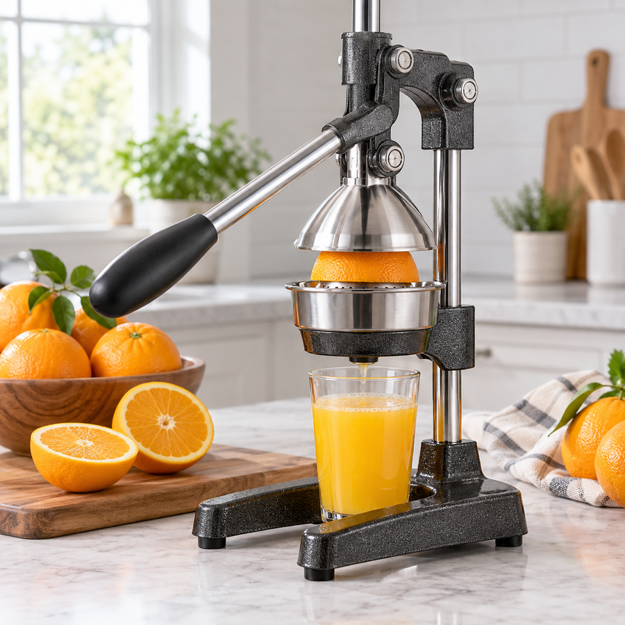 Heavy-Duty Manual Citrus Press with fresh oranges in a bright kitchen