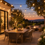 Outdoor LED String Lights over patio dining at twilight