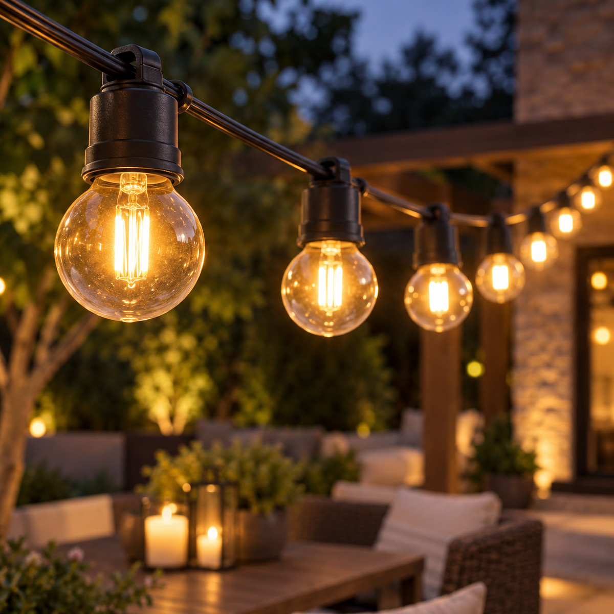 Outdoor LED String Lights over a patio at twilight