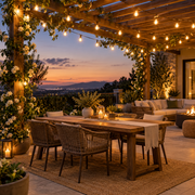 Outdoor LED String Lights across a pergola patio