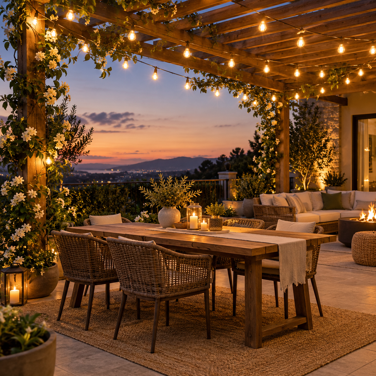 Outdoor LED String Lights across a pergola patio