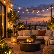 Outdoor LED String Lights over a cosy rooftop lounge at sunset