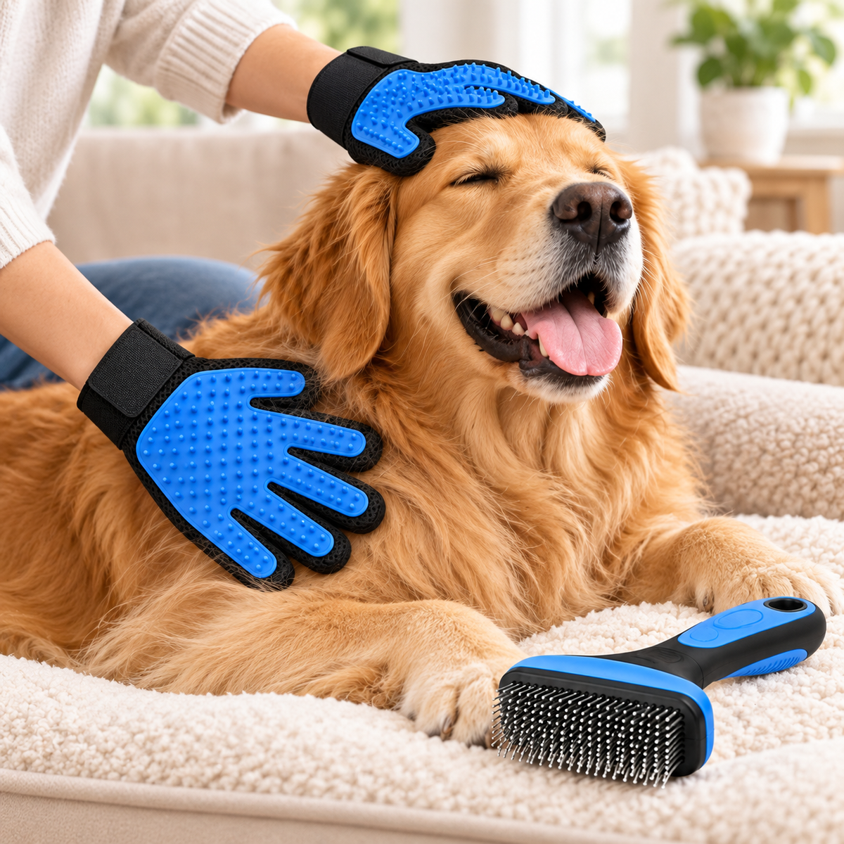 Reusable Pet Hair Remover Gloves grooming a golden retriever
