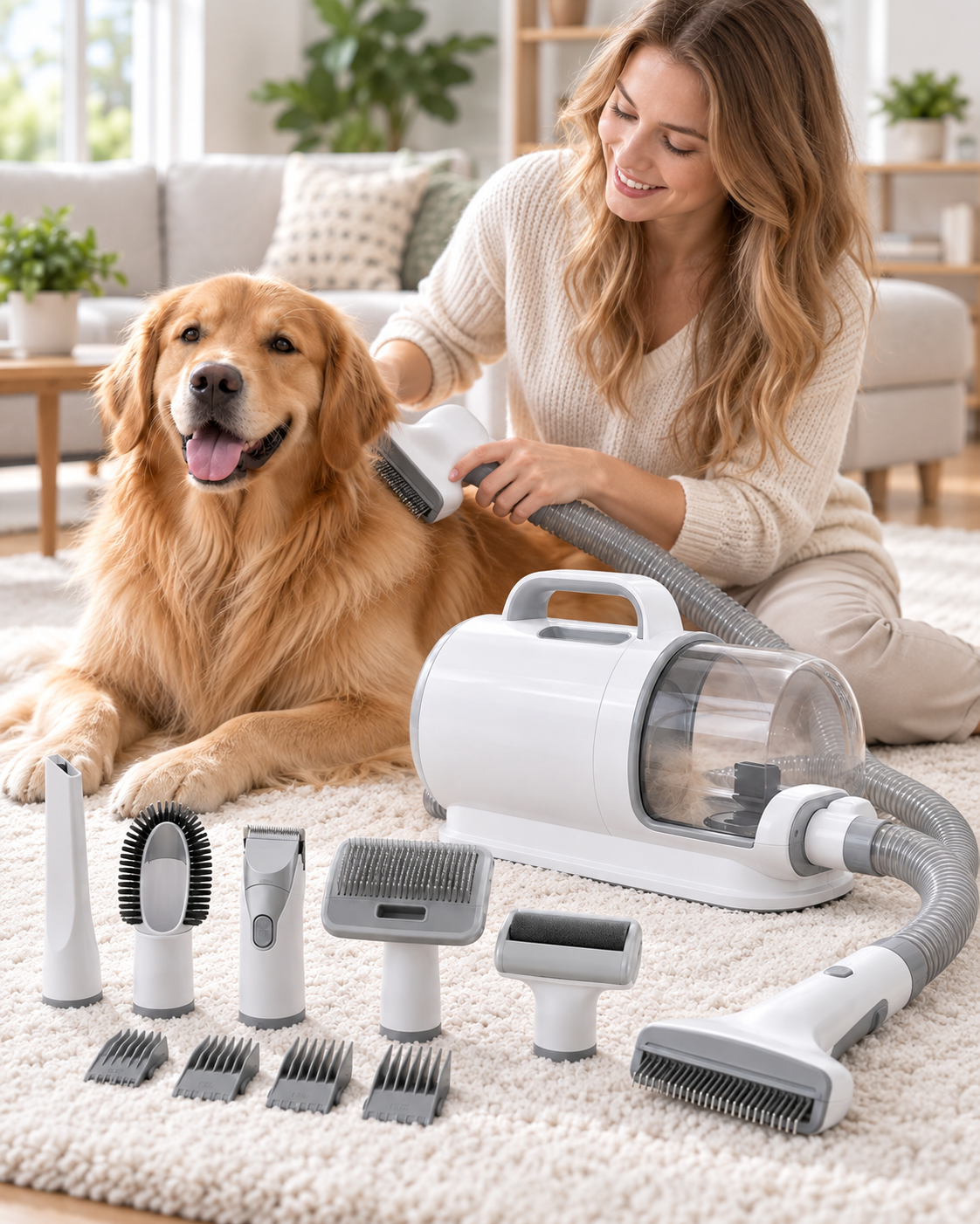Pet Grooming Vacuum Kit used with a golden retriever