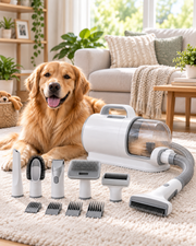 Pet Grooming Vacuum Kit grooming a golden retriever at home