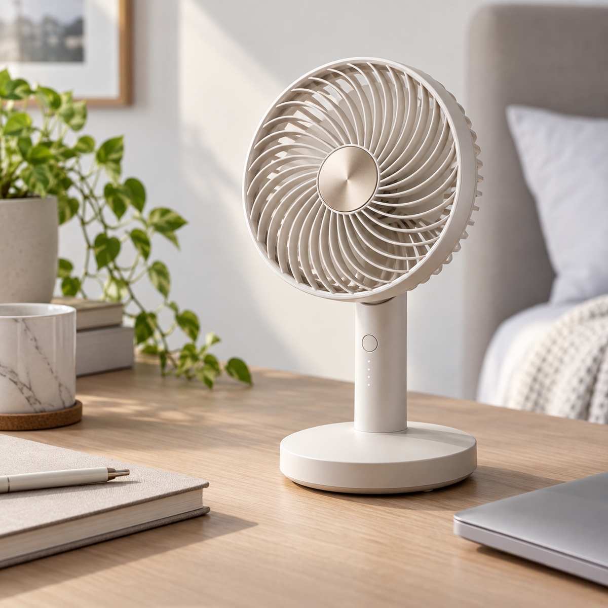 Portable desk fan in a minimalist bedroom workspace