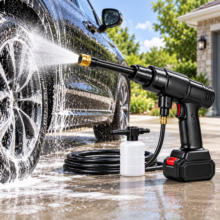 Cordless Portable Pressure Washer cleaning a car