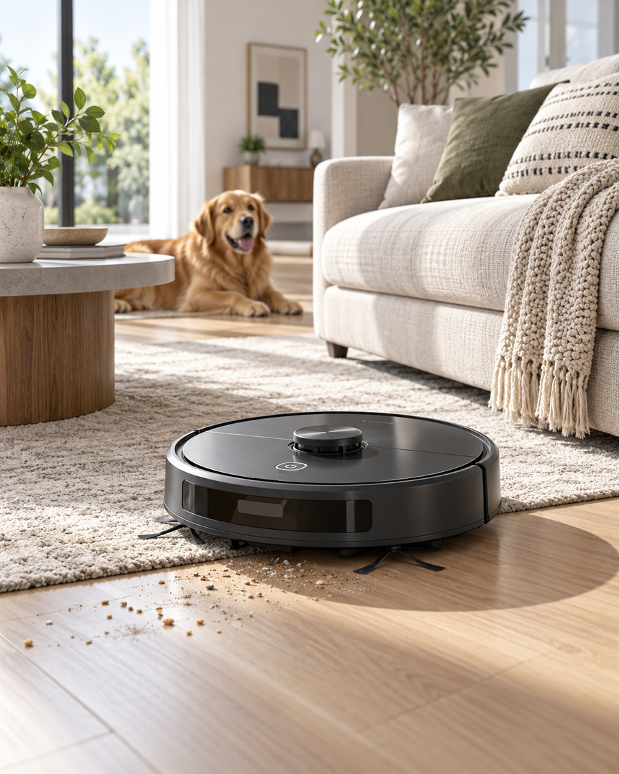 Smart Robot Vacuum Cleaner in a bright living room with pet