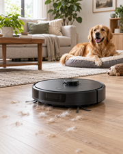 Smart Robot Vacuum Cleaner picking up pet hair near a golden retriever