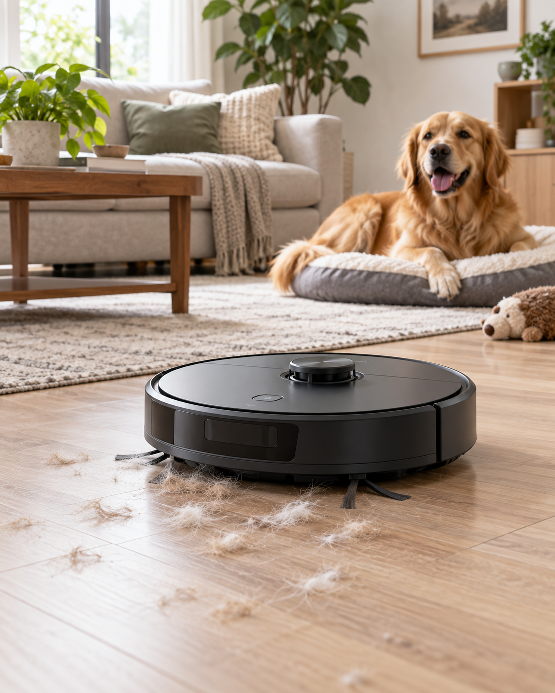 Smart Robot Vacuum Cleaner picking up pet hair near a golden retriever