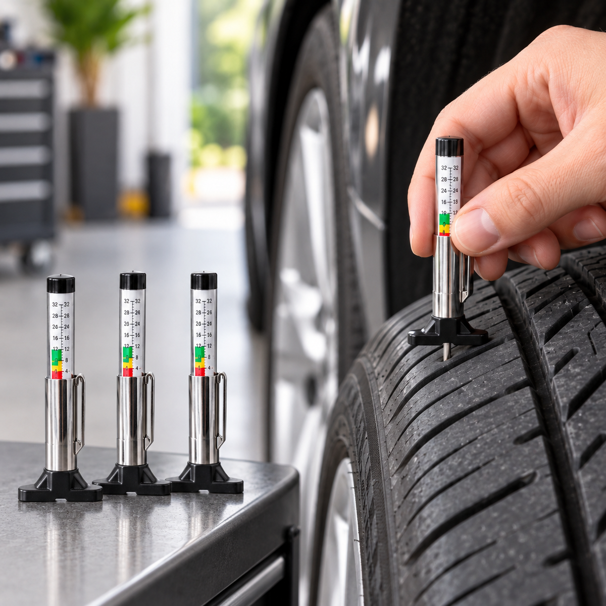 Tire tread depth gauge checking a tire beside a 4 pack