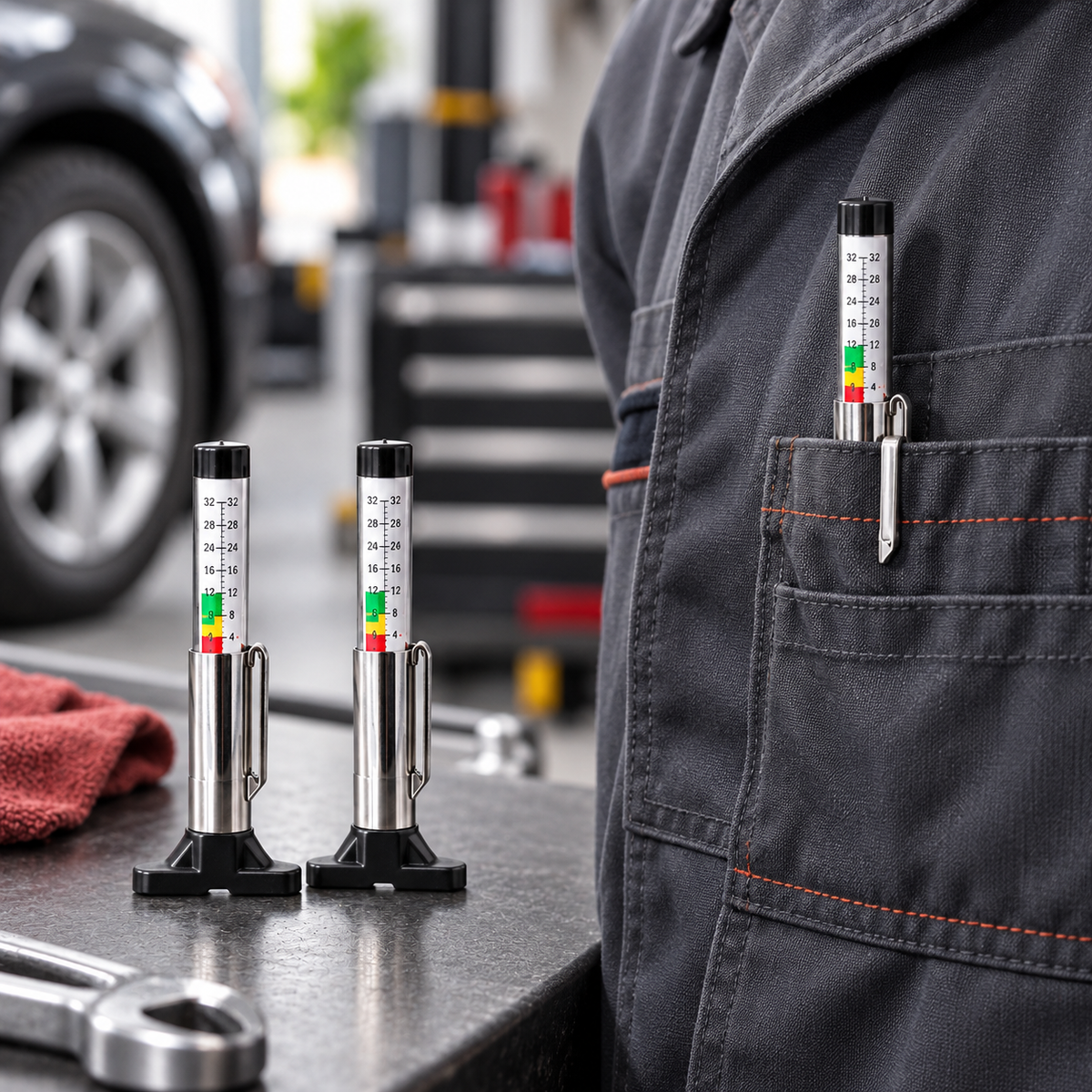 Tire tread depth gauges in a mechanic workshop